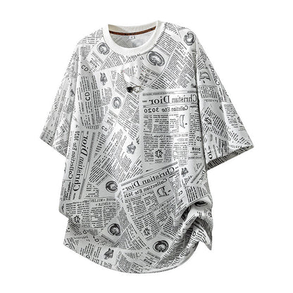 All-Over Newspaper Print Design Two-Piece Set with Edgy Chain