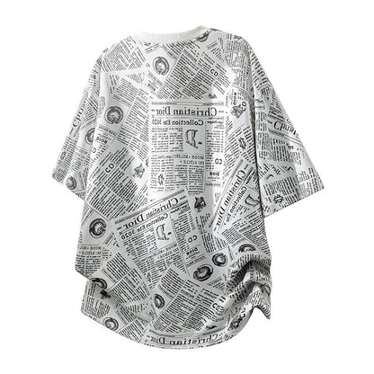 All-Over Newspaper Print Design Two-Piece Set with Edgy Chain