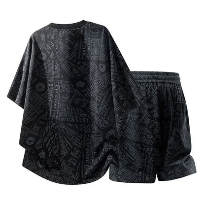 All-Over Newspaper Print Design Two-Piece Set with Edgy Chain